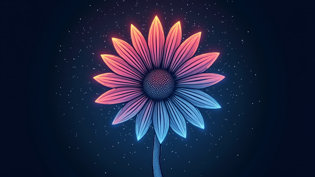 Electric Daisy Emblem Silhouette: A bold, graphic design focusing on a stylized daisy silhouette as the central icon. Each petal could be a clean silhouette or feature a simple electric line pattern. The center of the daisy emits a subtle glow, all set against a minimalist 'electric sky' background represented by a few dynamic light streaks or an abstract energy texture. This design is highly suitable for a striking logo-like T-shirt print.