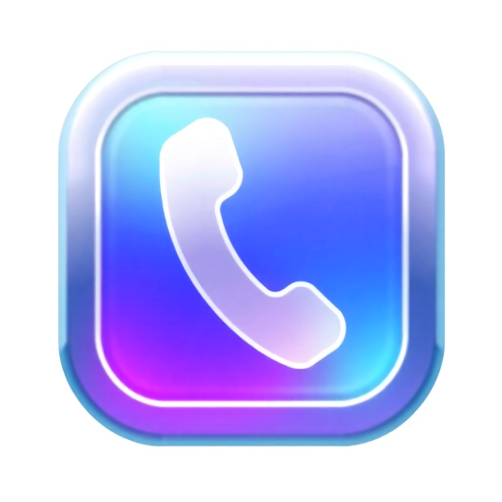 The image is a square-shaped icon with a blue and purple gradient background. In the center of the icon, there is a white phone receiver icon. The phone receiver is in the shape of a curved line and is outlined in white. The icon appears to be made of a shiny, metallic material. The edges of the phone receiver are slightly curved, giving it a modern and sleek look. The overall design is simple and minimalistic.