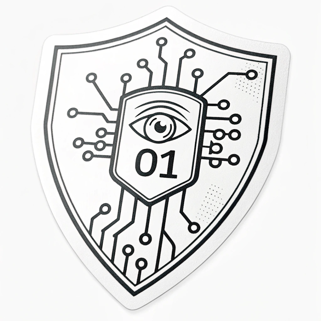 Simple Icon Idea: A minimalist shield shape containing a simple, stylized circuit board trace, a binary code snippet (e.g., '01'), or a single digital eye in the center, representing vigilance.