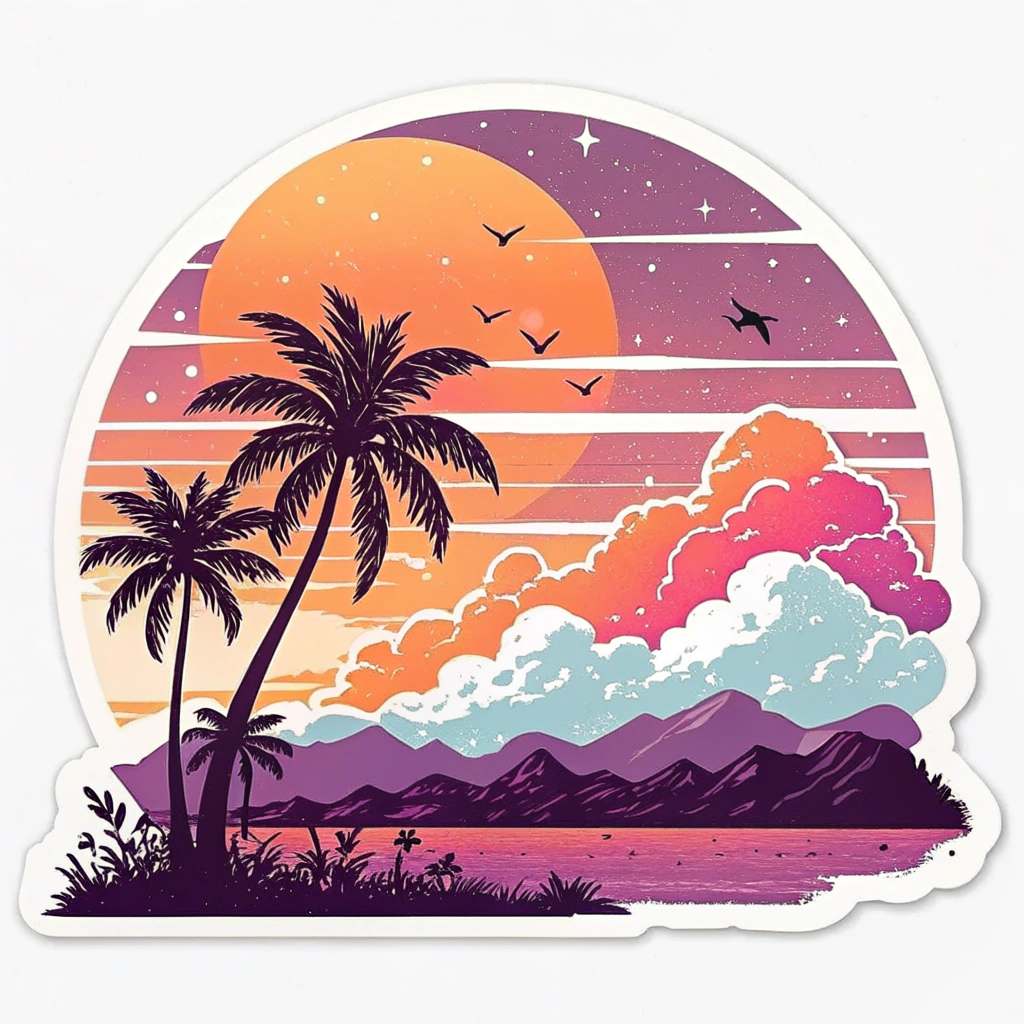 The image is a circular sticker with a colorful illustration of a tropical landscape. The background is a gradient of orange, pink, and purple, with a large orange sun in the center. The sun is surrounded by a pink and purple striped pattern. On the left side of the image, there are two palm trees with green leaves, and on the right side, there is a mountain range with pink and blue clouds. There are also a few birds flying in the sky. The overall style of the illustration is reminiscent of a sunset or sunrise.