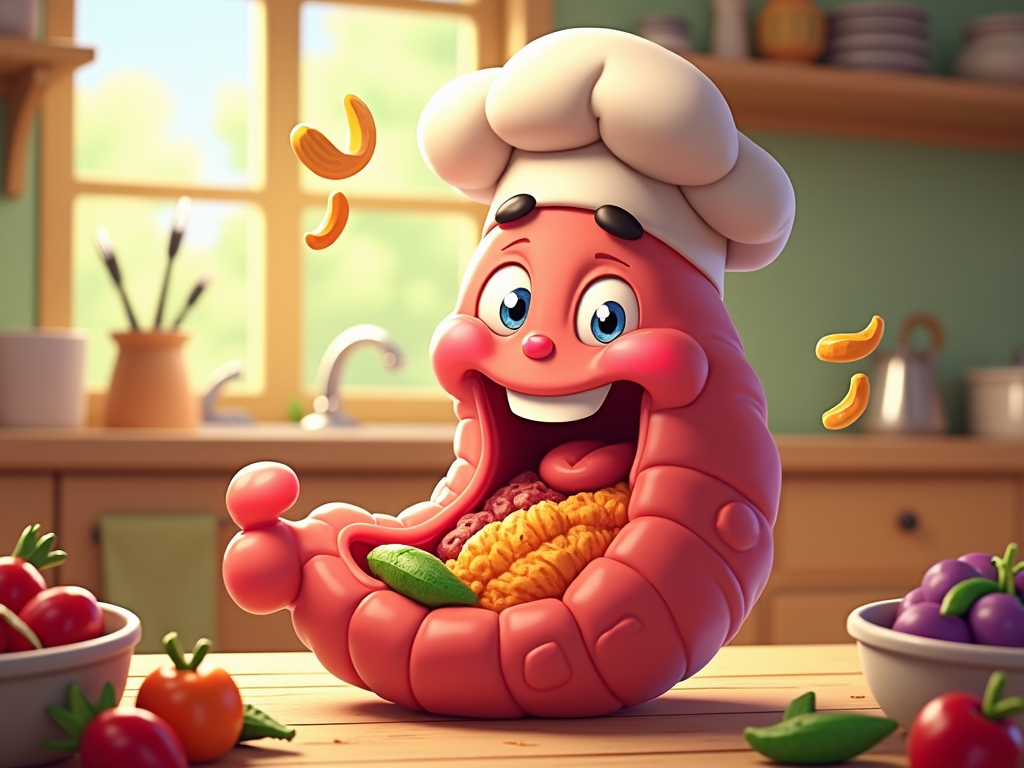 The image shows a cartoon character in a chef's hat sitting at a table with a large intestine in front of him. On the table there are bowls of vegetables, and in the background there is a kitchen platform with a sink, tap, flower vase, and other items, as well as a window. The image is animated, giving it a lively feel.