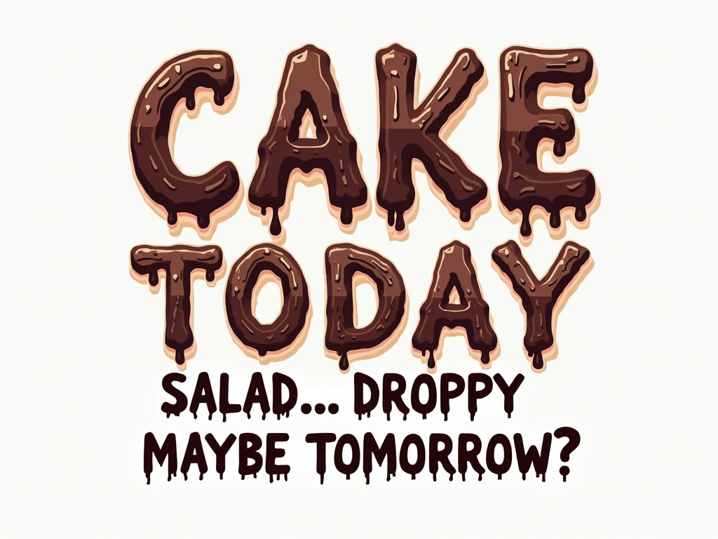 A typography-focused design: 'CAKE TODAY' is rendered in large, impactful, perhaps icing-textured or celebratory lettering, making it the focal point. The word 'Salad...' is in a much smaller, thinner, and perhaps droopy font, followed by 'Maybe Tomorrow?' in an even smaller, almost scribbled or fading style, visually representing the humorous procrastination.