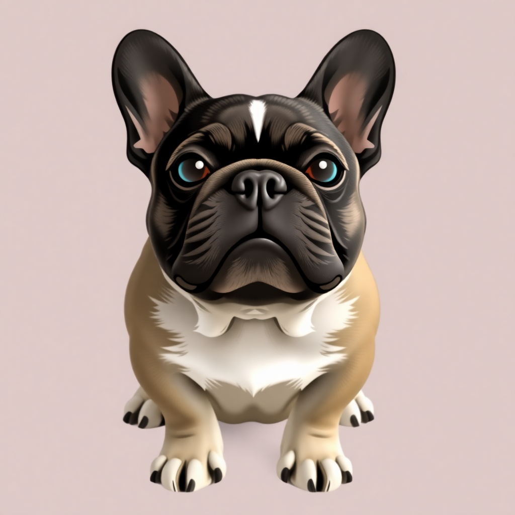 The image is a digital illustration of a French Bulldog sitting on a light pink background. The dog is sitting upright with its front legs stretched out in front of it. It has a round face with a black nose and large, pointed ears. Its eyes are blue and its mouth is slightly open, as if it is looking directly at the viewer. Its fur is a light brown color with white patches on its chest and back. The overall style of the illustration is cartoon-like and playful.