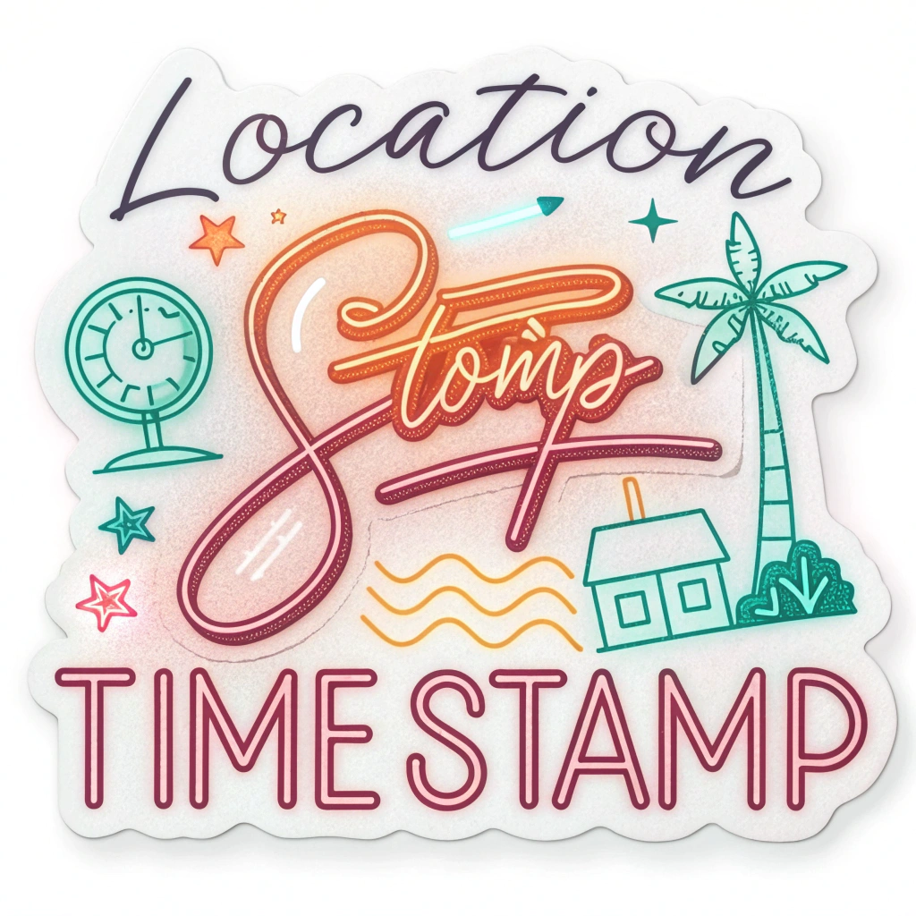 'Neon Sign Style': Location and timestamp designed to look like glowing neon signs. Utilizes vibrant colors and appropriate neon-style fonts (script or block) for a trendy, eye-catching effect in short-form videos.