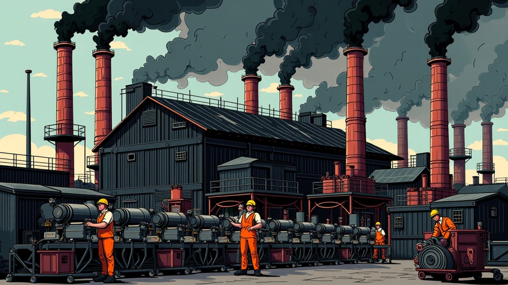 The image is an illustration of a factory with multiple chimneys emitting black smoke. The factory is made up of large black buildings with red roofs and chimneys. The chimneys are tall and cylindrical, and the smoke is billowing out of them. In front of the factory, there are several workers wearing orange hard hats and overalls, working on a large machine. The workers are standing on a platform with several other machines and equipment. The sky is blue and there are a few clouds in the background. The overall mood of the image is industrial and industrial.