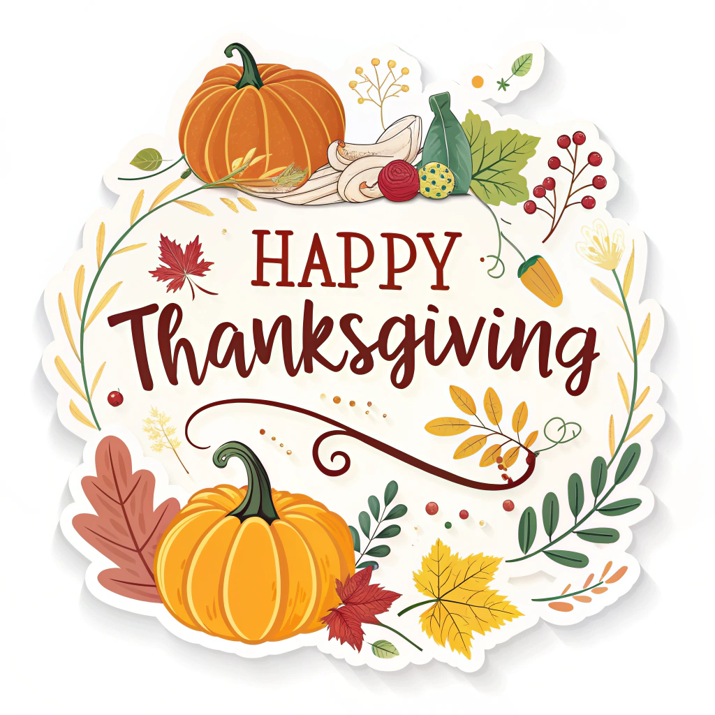 The image shows a poster with a white background featuring a happy Thanksgiving card with pumpkins and leaves. The card is decorated with a variety of autumnal colors, including oranges, yellows, and reds, and the text 