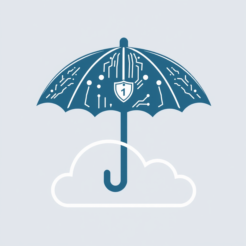 A stylized umbrella forming a protective canopy over a simplified cloud icon. The umbrella could feature subtle circuit board patterns or a small shield emblem on its surface.