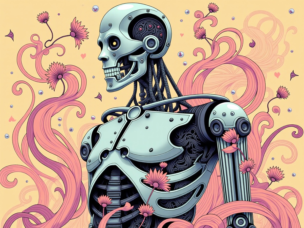 Generate classic movie characters reimagined by AI in the style of specific historical art movements (e.g., The Terminator rendered in Art Nouveau).