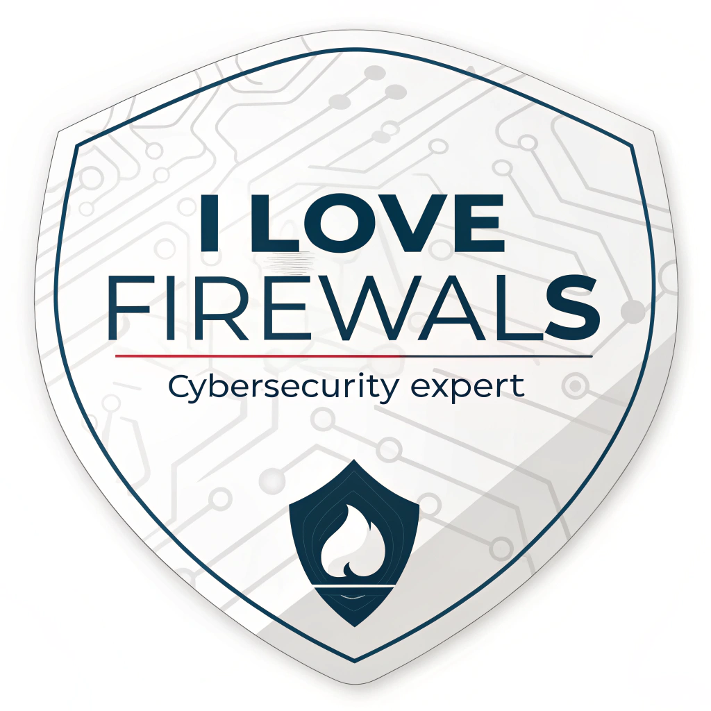 Code & Shield Badge: A die-cut sticker shaped around a techy polygon or shield. Features a background of subtle binary code or circuit traces, with a sleek shield icon in the foreground having a minimalist firewall symbol. 'I Love Firewalls' in a modern tech font, 'Cybersecurity Expert' as an authoritative title.