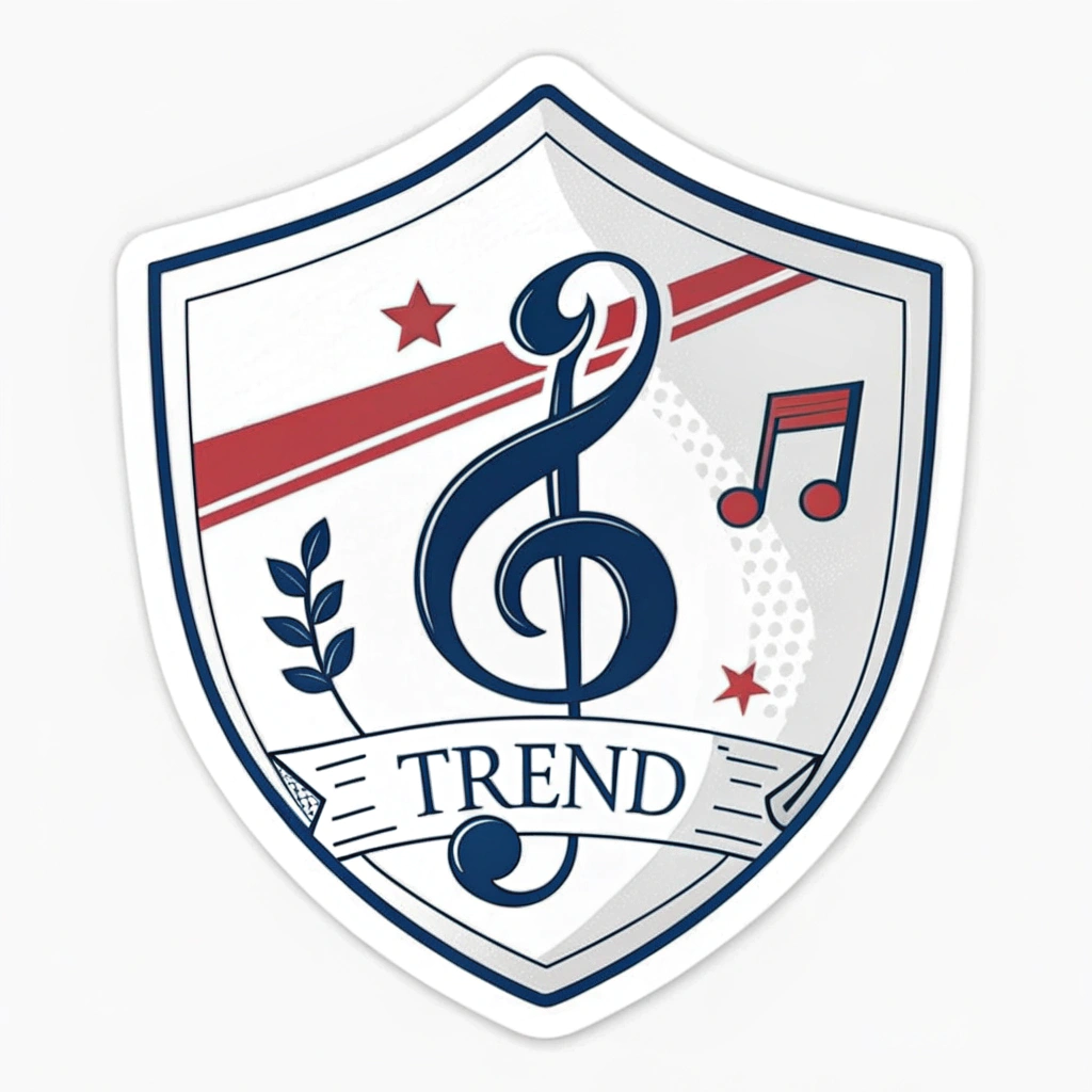 Simple Logo/Emblem Idea: A badge emblem concept featuring a modern shield shape containing a stylized letter 'T' (for Trend) intertwined with a musical eighth note.