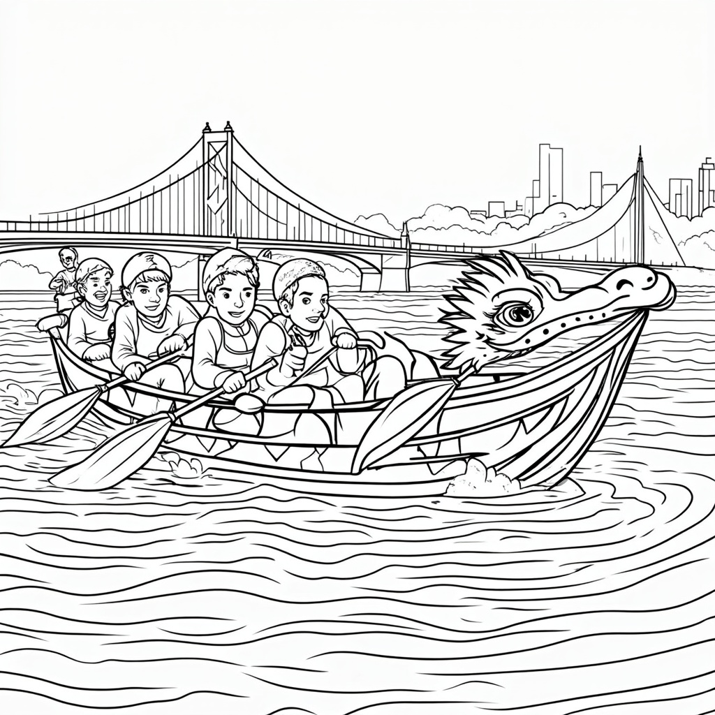 Dynamic Close-Up: A dragon boat mid-race, focusing on the paddlers' intense expressions and rhythmic oar strokes, the detailed dragon head carving through the water, with a Portland bridge and city skyline subtly in the background.