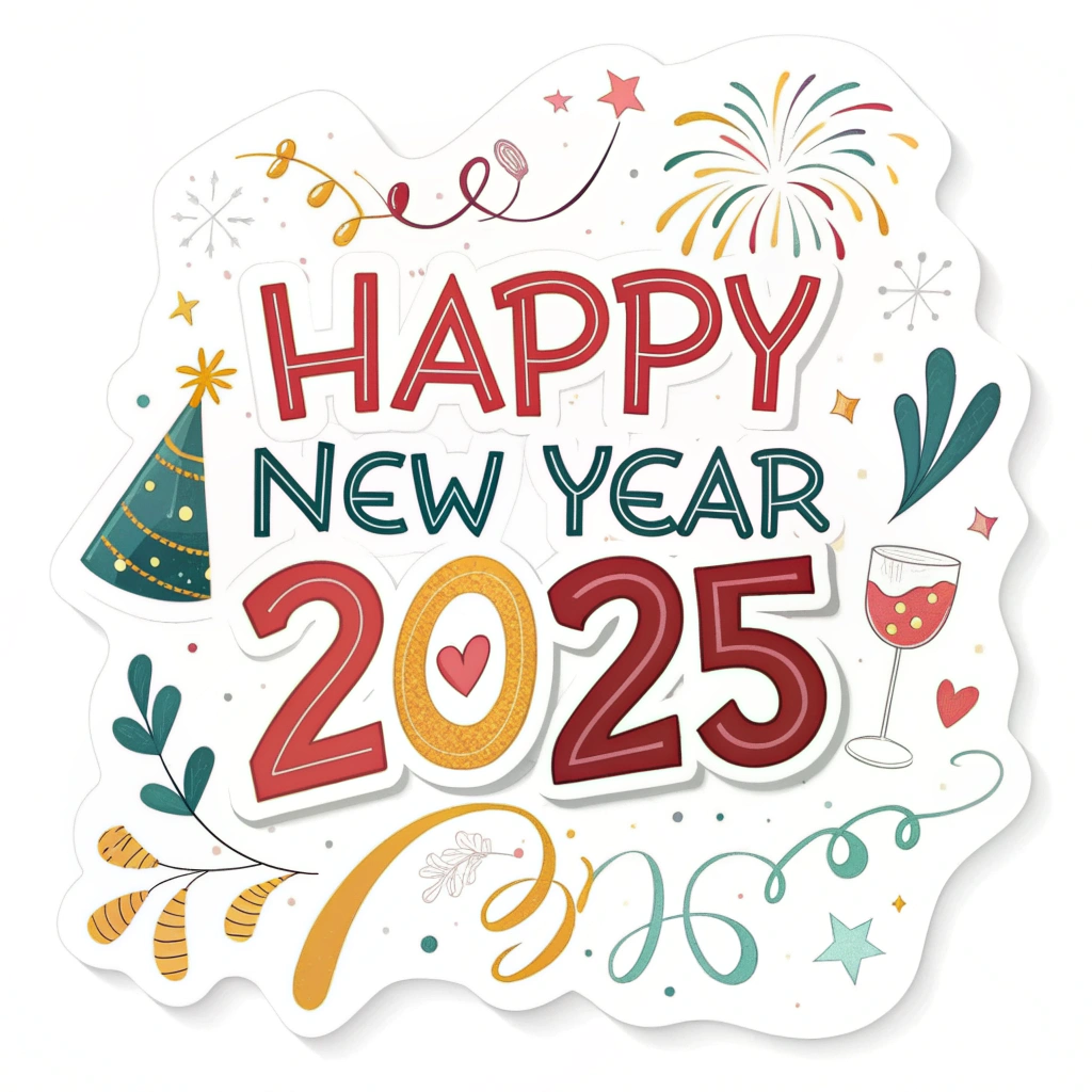 The image shows a poster with the words Happy New Year 2025 written in bold, colorful letters, accompanied by a festive illustration of a party hat, a glass of champagne, and fireworks, all against a white background.