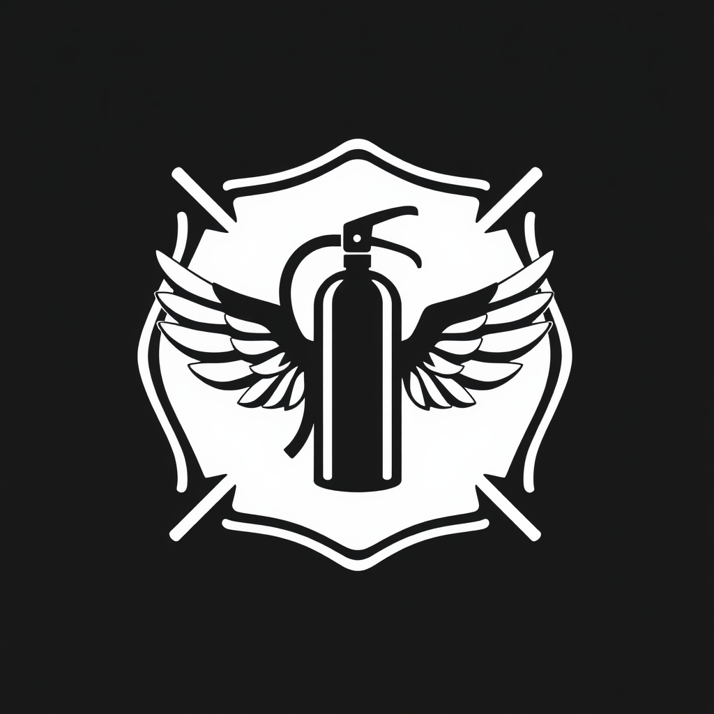 A badge or shield shape featuring a fire extinguisher silhouette with wings, symbolizing rapid response.