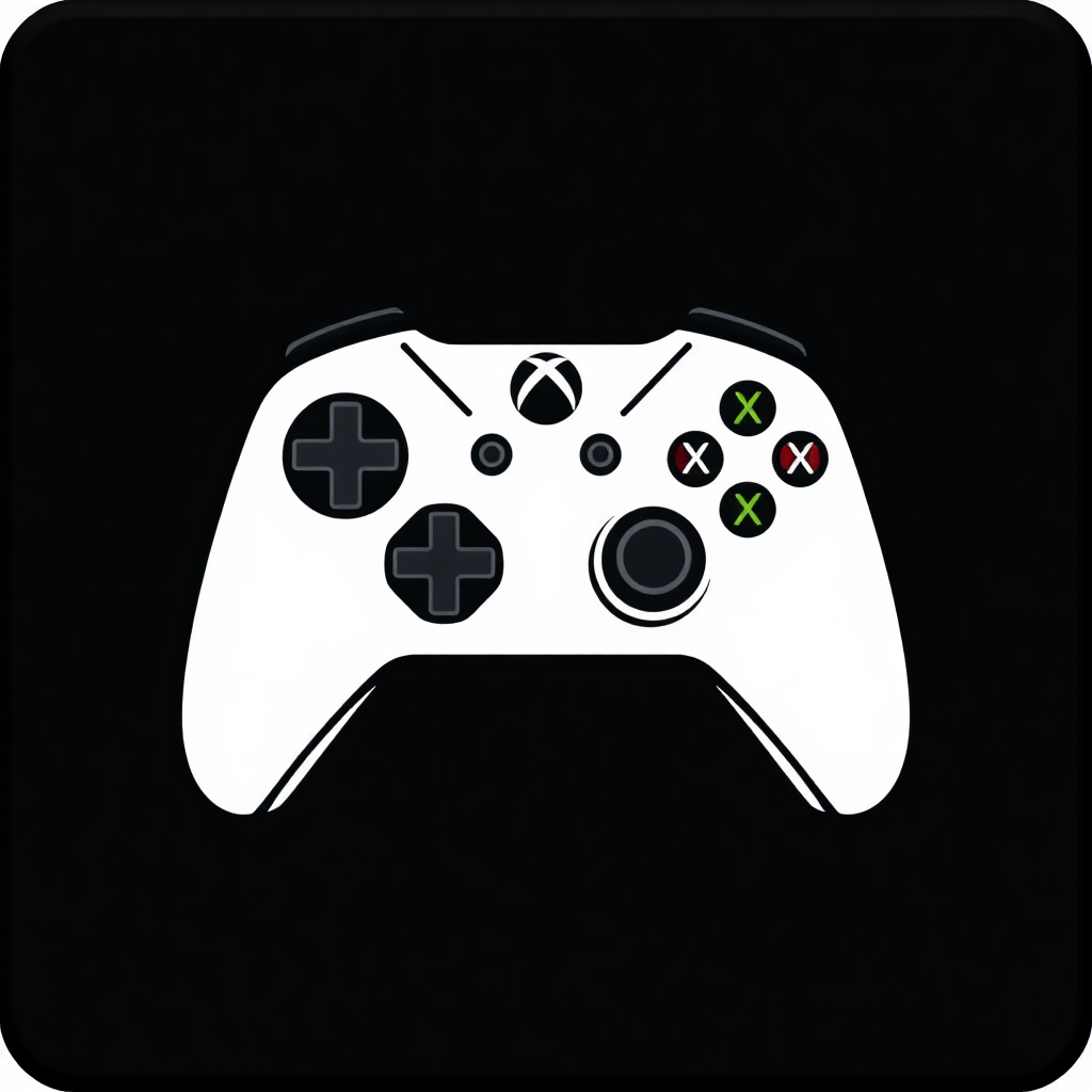 The image is a black square with a white Xbox controller in the center. The controller has four analog sticks, two directional buttons, four action buttons, two shoulder buttons, and two triggers. Each joystick has a different color - red, green, yellow, and black. The X logo is also visible on the top left corner of the controller. The overall design is simple and minimalistic.