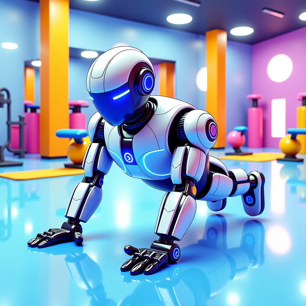  a robot in a gym. The robot is in a crouching position, with its arms and legs stretched out in front of it. It has a round head with a blue light on it, and its body is made up of silver and blue metallic components. The background of the image shows various exercise equipment such as dumbbells, exercise balls, and weights. The floor of the gym is blue, and there are orange pillars in the background. The overall color scheme of the room is bright and vibrant.