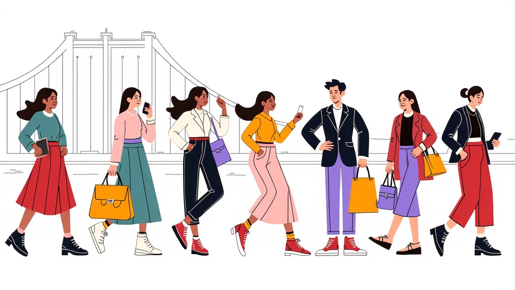 A series depicting diverse fashion week attendees (influencers, editors, buyers) sketched against the backdrop of famous NYC landmarks like the Brooklyn Bridge, Central Park, or Grand Central Terminal, each illustration telling a small story of their NYFW experience.