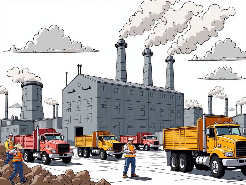 The image is an illustration of a factory with multiple chimneys emitting smoke into the sky. In the foreground, there are several large trucks parked in front of the factory. The trucks are red and yellow in color and appear to be heavy-duty. There are three workers in the image, one wearing a hard hat and safety vest, and the other wearing a blue hard hat. They are standing on a pile of rocks and are looking at the trucks. The factory itself is grey and has multiple windows and doors. The sky is cloudy and there are a few clouds in the background.