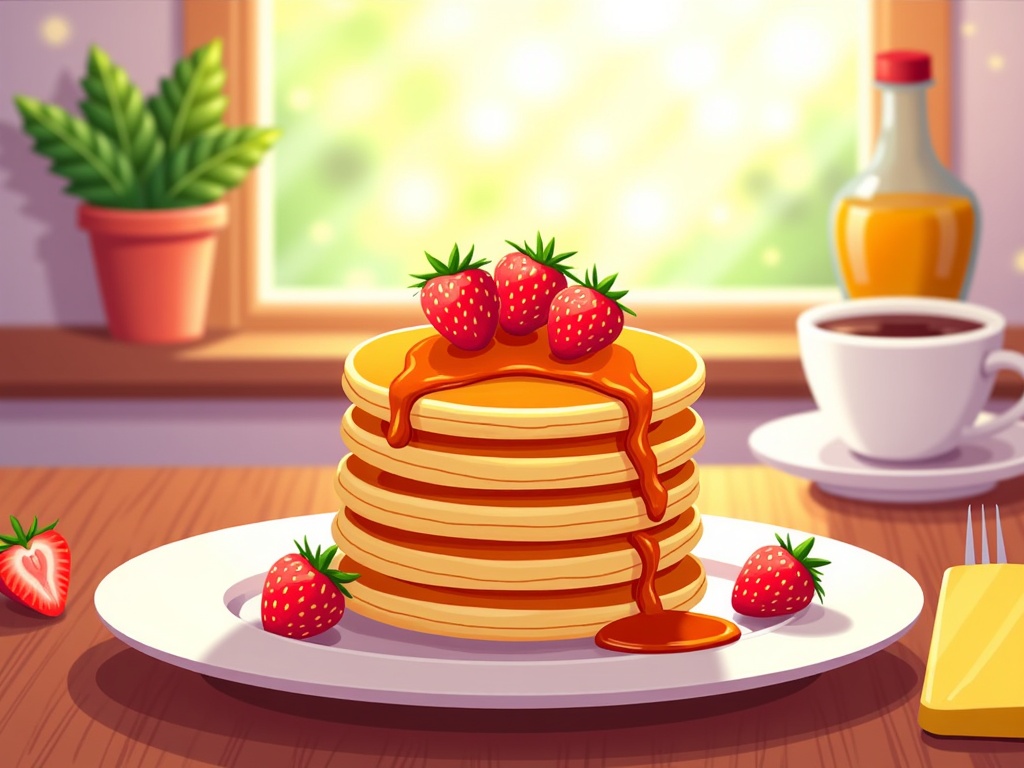  a stack of pancakes on a white plate with a drizzle of syrup on top. The pancakes are golden brown and appear to be freshly made. On top of the stack, there are three fresh strawberries with green leaves. The plate is placed on a wooden table with a window in the background. On the right side of the image, there is a cup of coffee and a bottle of orange juice. There is also a small potted plant on the windowsill. A fork and a knife are placed on the table next to the plate.