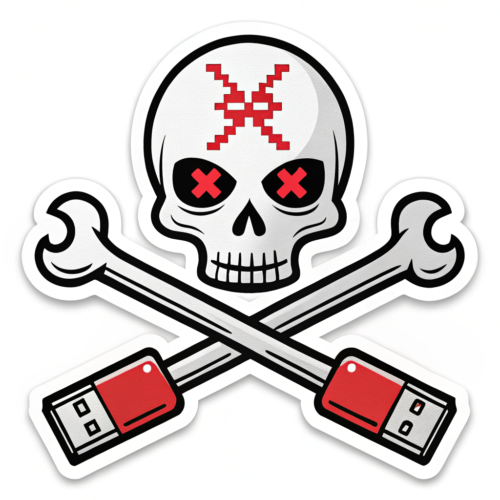 Sub-design 4 (Cyber Pirate Skull & Crossbones): A pixelated skull positioned above two crossed, stylized pixelated elements representing 'danger' in a digital context, such as corrupted file icons, broken USB sticks, or glitchy Ethernet cables. A single bright red pixel on the skull’s forehead or as an eye could signify the 'malware warning'.