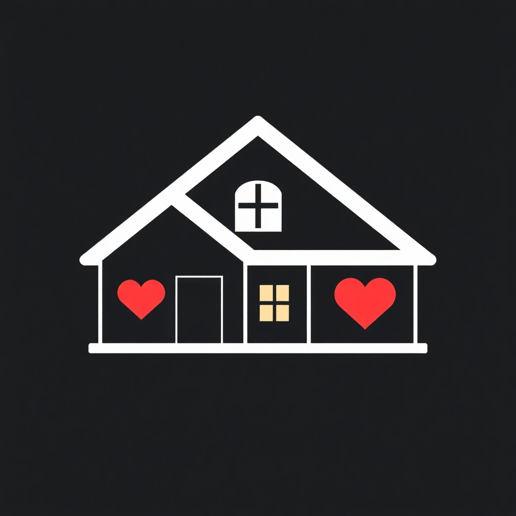 The image is a simple illustration of a house with a black background. The house is in the shape of a triangle with a pointed roof and a small window on the front. There are two red hearts on either side of the house, one on the left and one in the center. Above the house is a white cross, which is a symbol of Christianity. The overall design is simple and minimalistic.