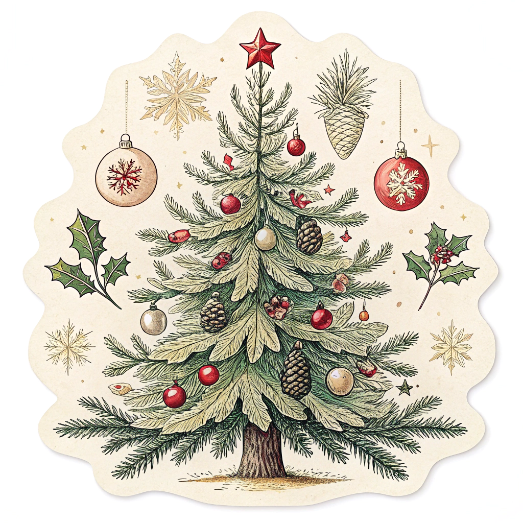 A vintage-style Christmas tree sticker that resembles an old-fashioned holiday greeting card, complete with a lightly faded look and classic icons like holly leaves.