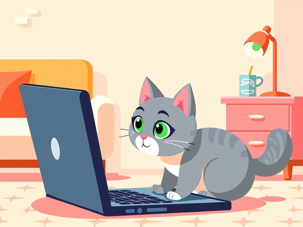 Opened wide, the laptop with flat design serves as a mirror; a cat curiously peers at its reflection in the screen. This light-hearted moment captures domestic life interwoven with technology.