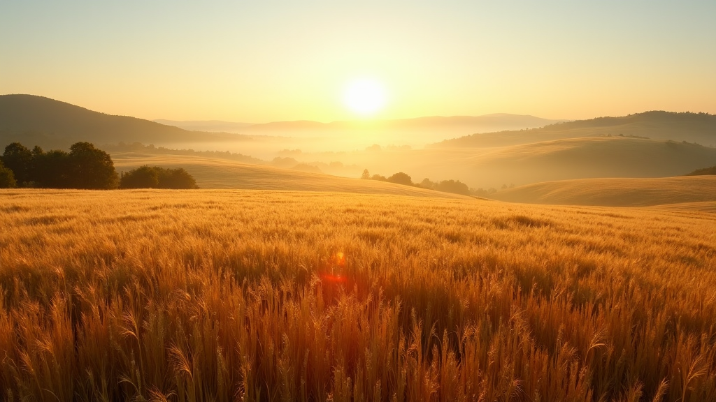 A rural landscape at sunrise with golden fields and distant hills covered in morning fog.