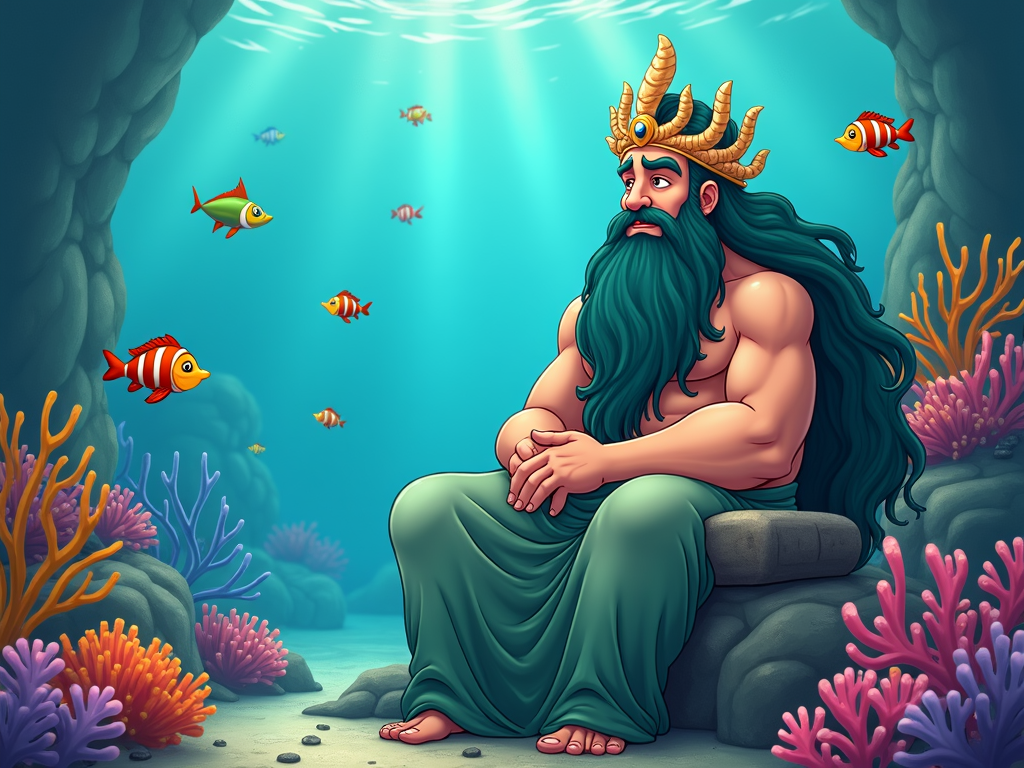 A more serene image of Poseidon, calmly sitting on a coral throne, ruling over a vibrant and diverse underwater kingdom.