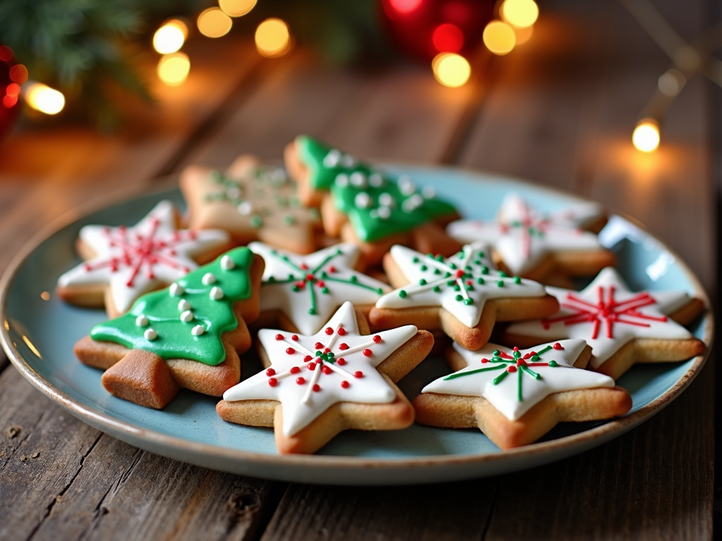  a plate of decorated Christmas cookies on a wooden table. The cookies are in the shape of Christmas trees and are decorated with white icing and red and green sprinkles. The plate is blue and the cookies are arranged in a circular pattern. In the background, there is a small Christmas tree with red and gold ornaments and string lights. The overall mood of the image is festive and cozy.