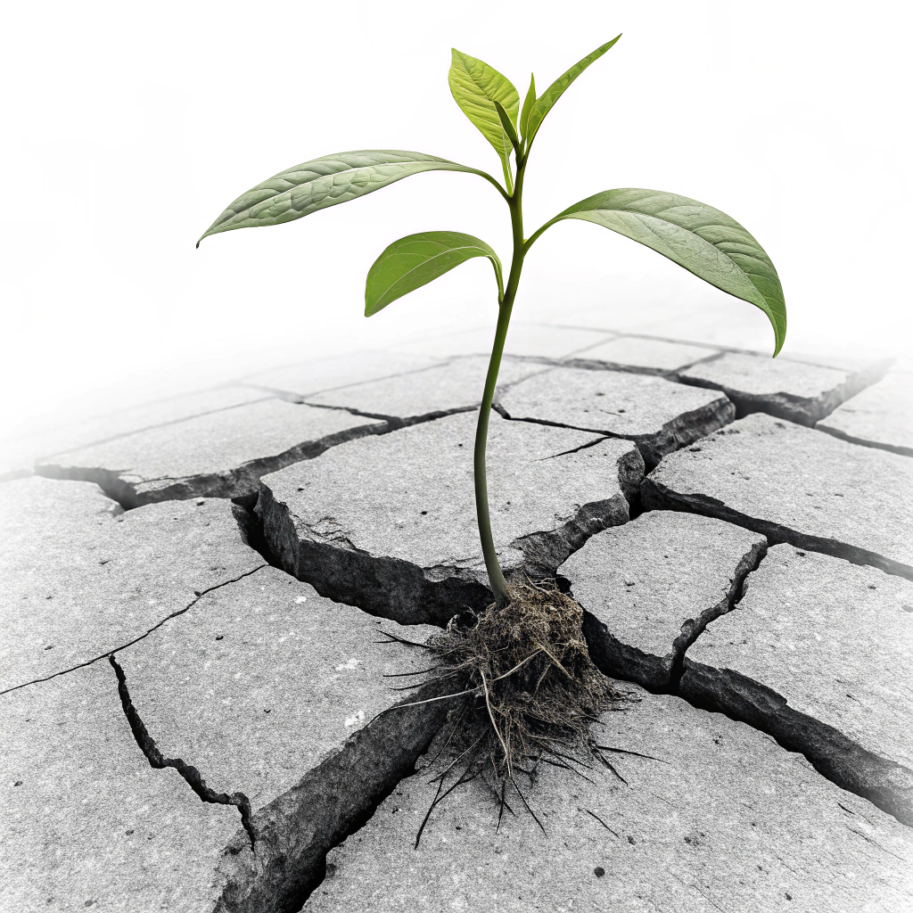 Sub-Design 4: An illustration showing a tiny seedling cracking through concrete or pavement, representing worker resistance and growth against oppressive systems.