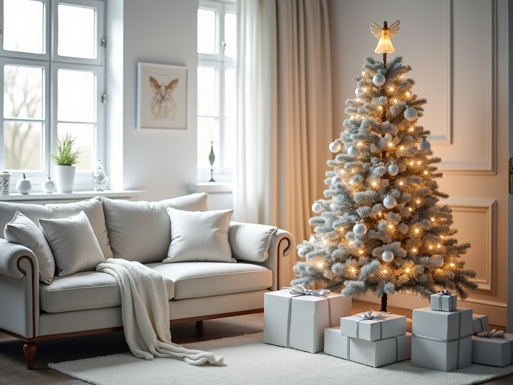 A living room corner featuring a chic Christmas setup with a minimalistic, white-themed tree garnished with clear glass ornaments, silver tinsel, and an angel tree topper, placed next to a stack of beautifully wrapped presents.