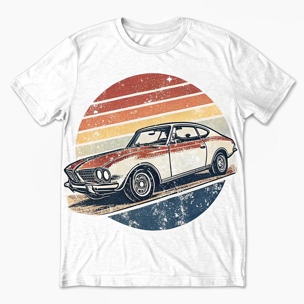 The image is of a white t-shirt with a graphic design on the front. The design features a vintage car with a red and orange striped background. The car is in the center of the design, with a blue circle around it. The stripes are in different shades of orange, yellow, and red, creating a gradient effect. The overall design has a retro and vintage feel to it.