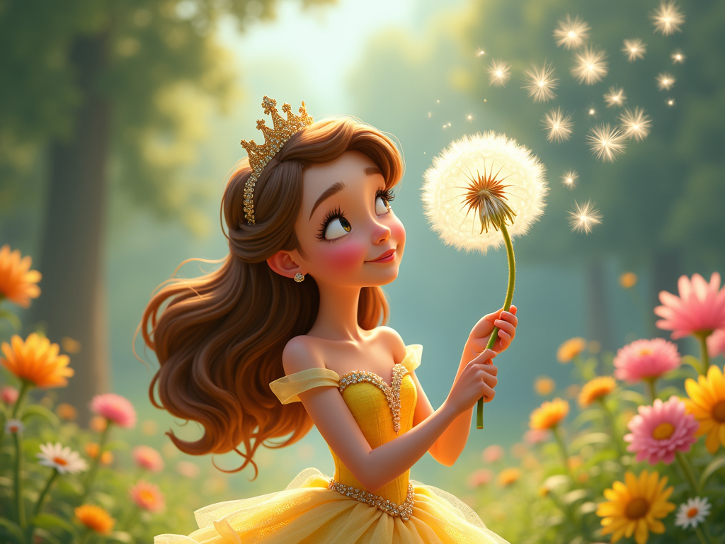 A princess with rosy cheeks, holding a giant dandelion, with floating seeds that resemble tiny, happy parachutes in a whimsical garden setting.