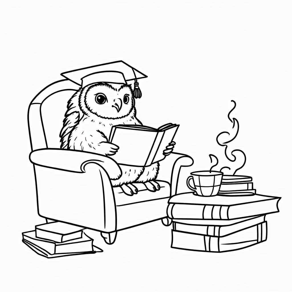Cozy Reading Teacher Owl: An owl in a graduation cap nestled in a comfy chair, reading a large book, with a steaming mug and a small stack of books on a nearby table, creating a warm, appreciative scene.