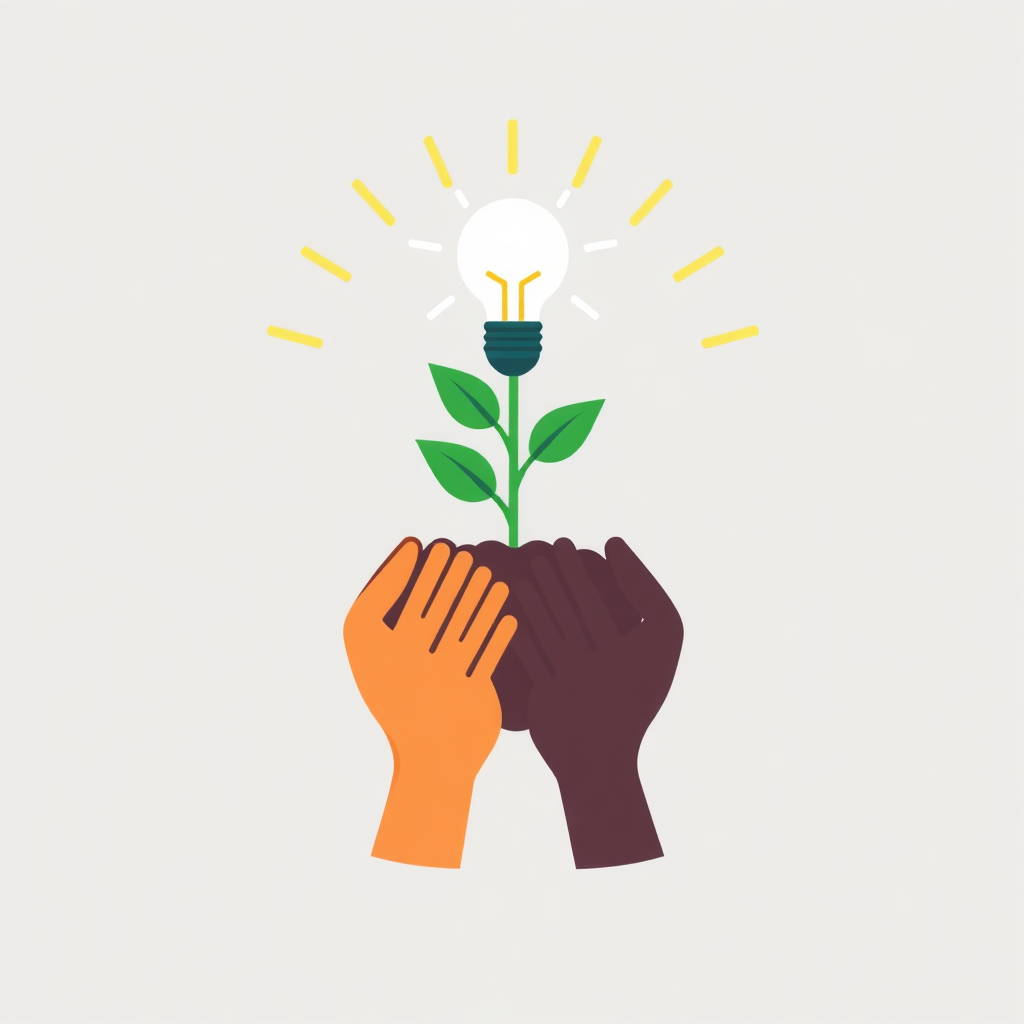 Stylized human figures or hands depicted as cooperatively supporting or lifting a growing seedling or a radiant lightbulb. This visual emphasizes collaborative design efforts, community focus, and the nurturing of innovative ideas that lead to impactful solutions and positive societal change.
