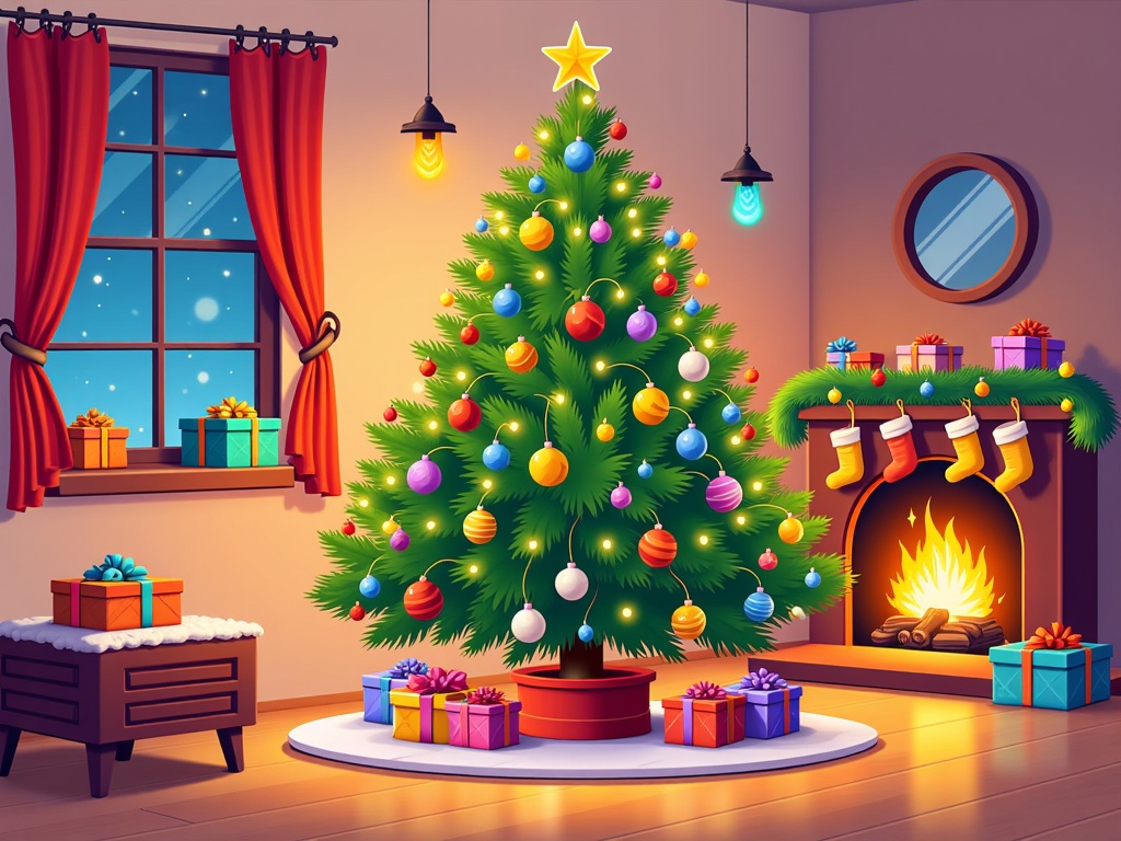 The image shows a living room with a Christmas tree decorated with colorful ornaments, lights, and a star on top. There are gift boxes on the floor, a stool, a fireplace with gift boxes and socks, a mirror on the wall, a window with curtains, and lights hanging from the ceiling.