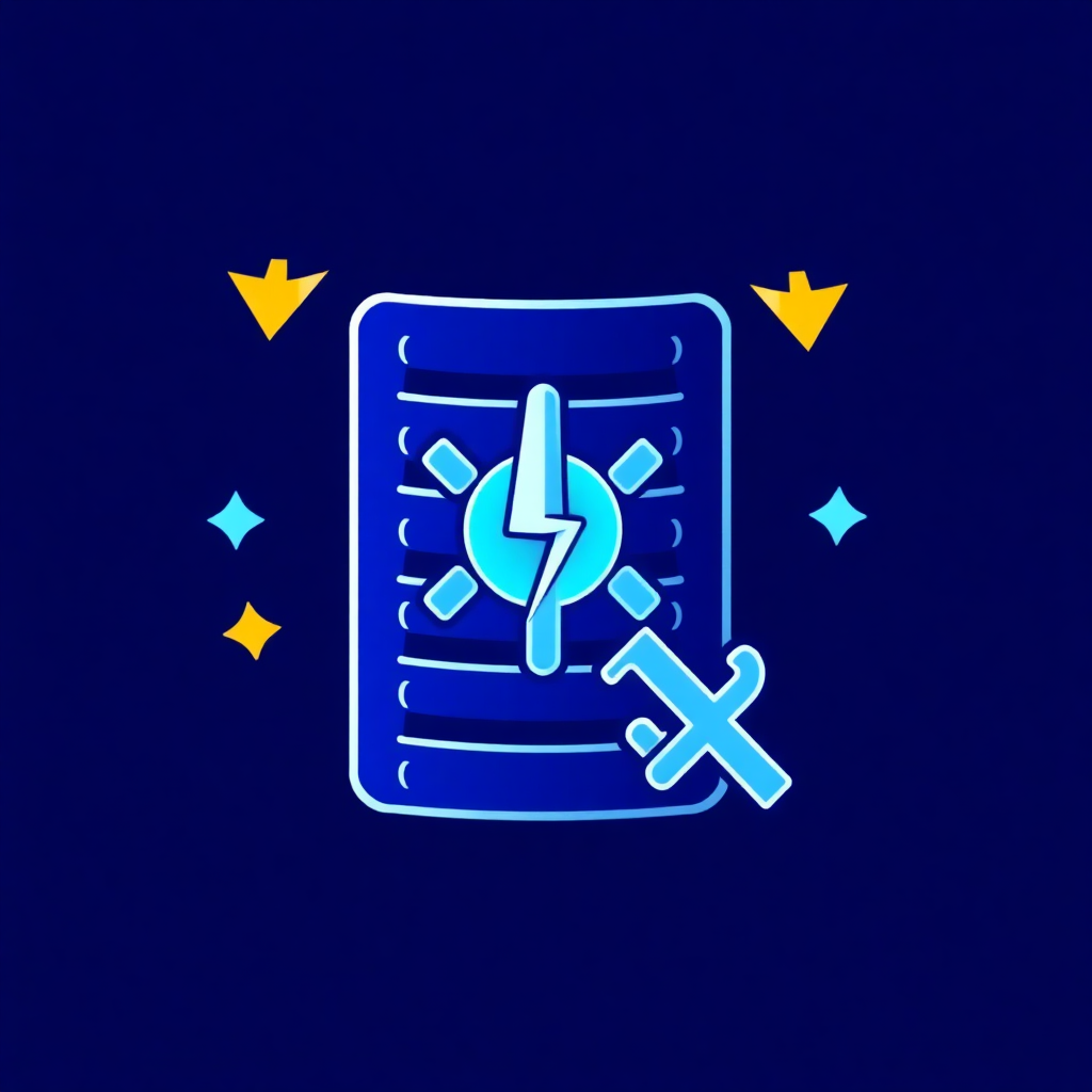 The image is a graphic design with a blue background. In the center of the image, there is a rectangular icon with a lightning bolt in the middle. The lightning bolt is blue and is surrounded by small yellow stars. On either side of the lightning bolt, there are two crossed swords. The overall design is simple and minimalistic.