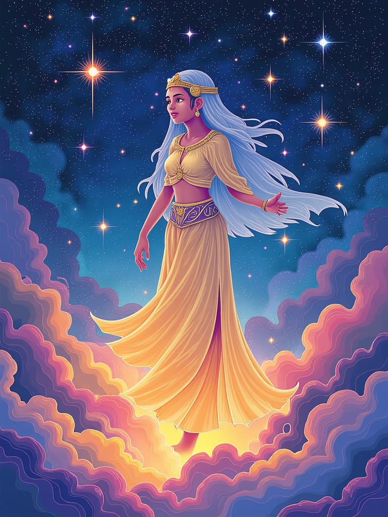 An illustration titled 'Whispers of the Infinite Dream': A soft-focus, dreamlike and ethereal rendering. Scheherazade's form is slightly translucent, her garments flowing like the night breeze. The stories she weaves are visualized as shimmering, colorful mists, nebulae, or auroras swirling around her and ascending towards the star-filled sky, carrying faint, elegant silhouettes of palaces, mythical creatures, and heroes. The stars themselves seem to twinkle with knowing magic.