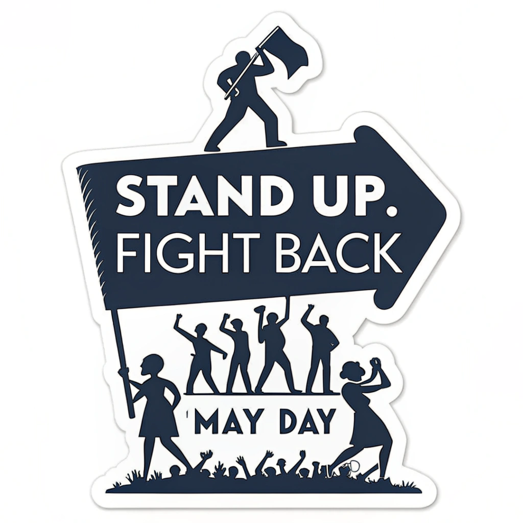 Sub-design Idea 5: Text-Centric Sign Shape. The sticker is die-cut to the shape of a protest sign silhouette. The text 'Stand Up, Fight Back' is dominant, filling the sign shape. 'May Day' as smaller, supporting text within the sign. Minimalist, high-contrast design (e.g., white text on a dark background).
