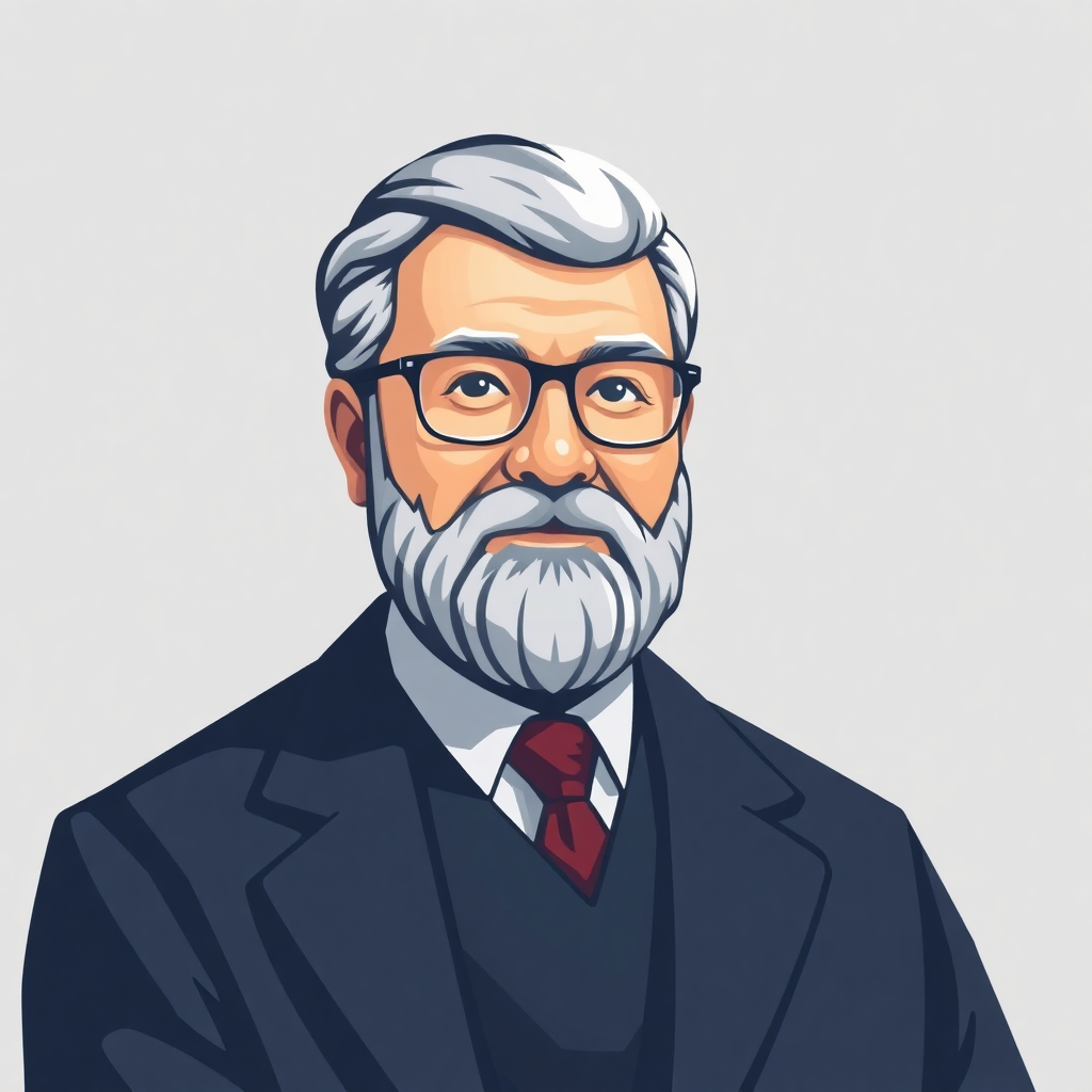 The image is a portrait of an elderly man with a white beard and mustache. He is wearing a dark suit and a red tie. He has a pair of glasses on and is looking directly at the camera with a serious expression. The background is plain white. The man appears to be in his late 60s or early 70s.