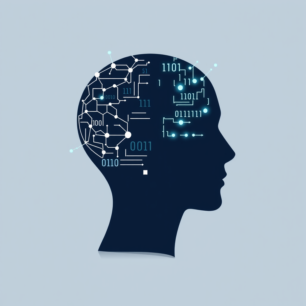 Sub-Design Idea 2 (Emergent Head): A human head silhouette where one side is traditionally organic, and the other side is composed of geometric shapes, binary code patterns, or glowing network nodes that appear to be forming or emerging, suggesting the active process of AI-human thought synthesis.