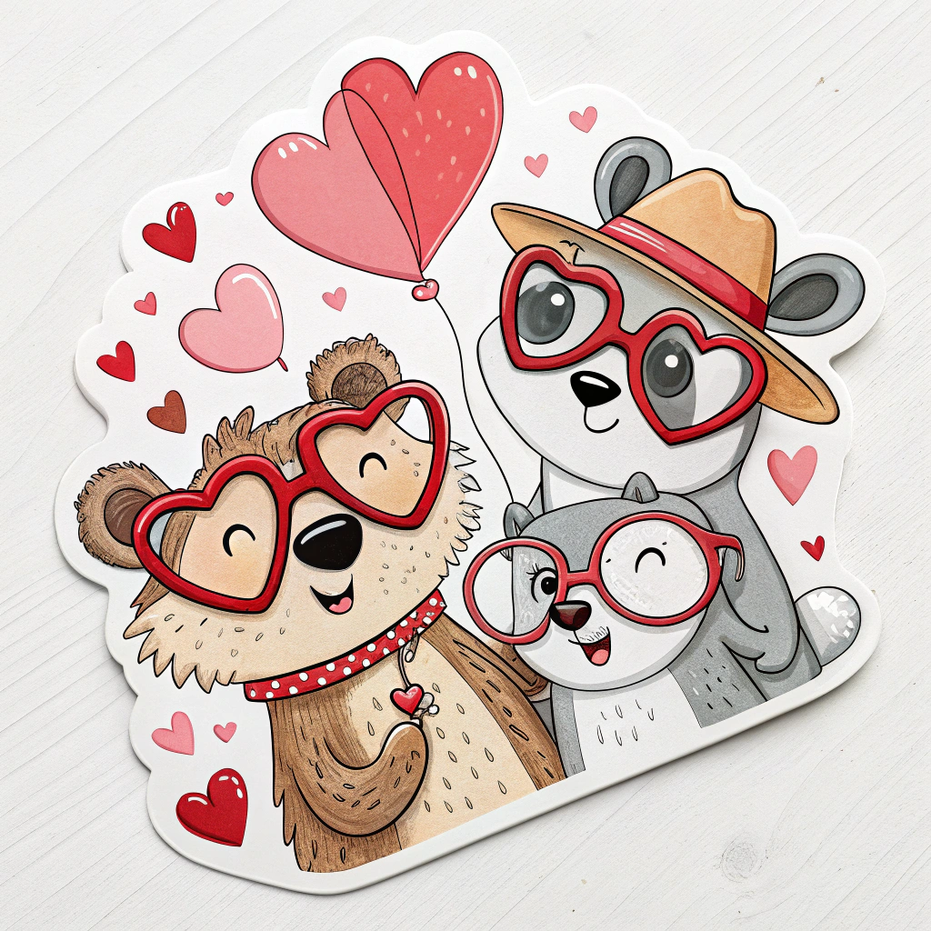 Design stickers with cartoon-style animals wearing heart-shaped glasses or hats, adding a playful and whimsical touch.