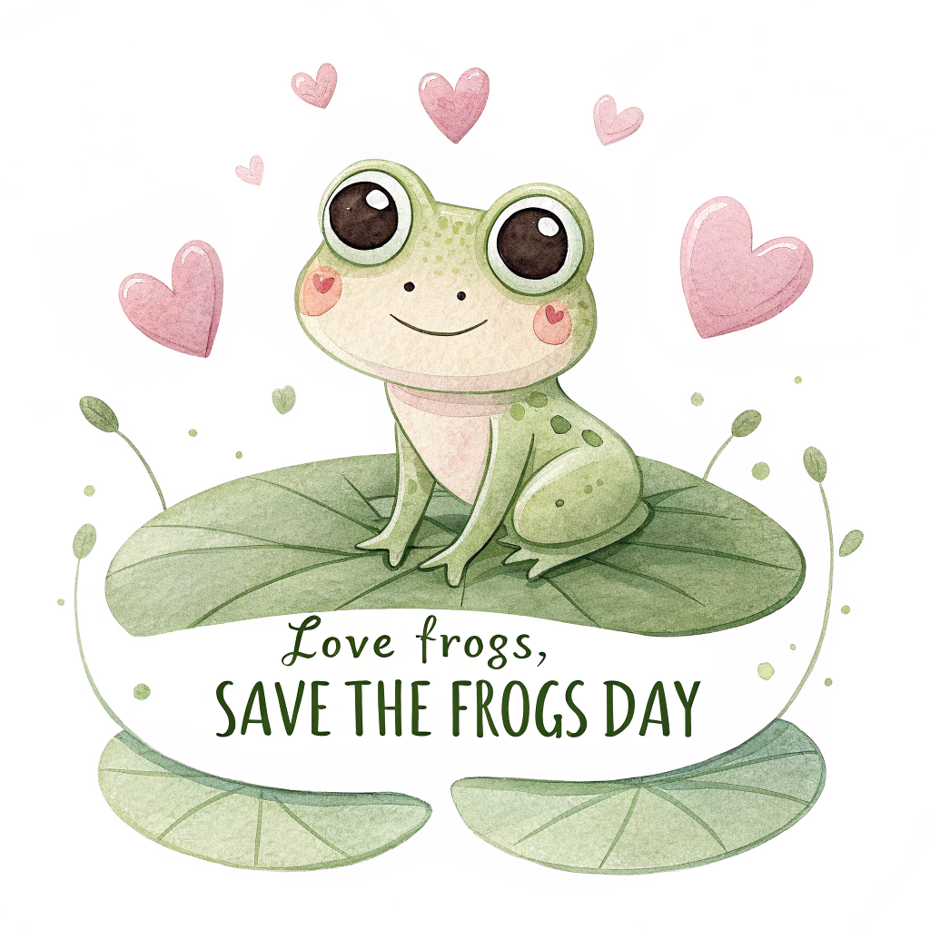 A cute, slightly stylized watercolor frog with big, endearing eyes, sitting curled up on a round leaf. Add small watercolor hearts floating around it. The text 'Love Frogs, Save The Frogs Day' in a friendly, handwritten font below.