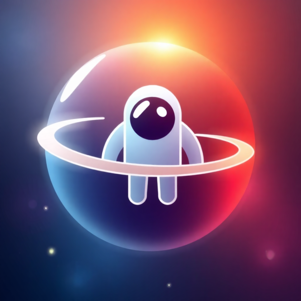 The image is a digital illustration of a small robot with a round body and a round head. The robot is standing on its hind legs and is facing towards the right side of the image. It has a small body with two arms and two legs, and its head is round and black. The background is a gradient of red, orange, and blue, with small white stars scattered throughout. In the center of the sphere, there is a white ring that extends from the top to the bottom. The overall color scheme is bright and vibrant, with a mix of blues, greens, and yellows.