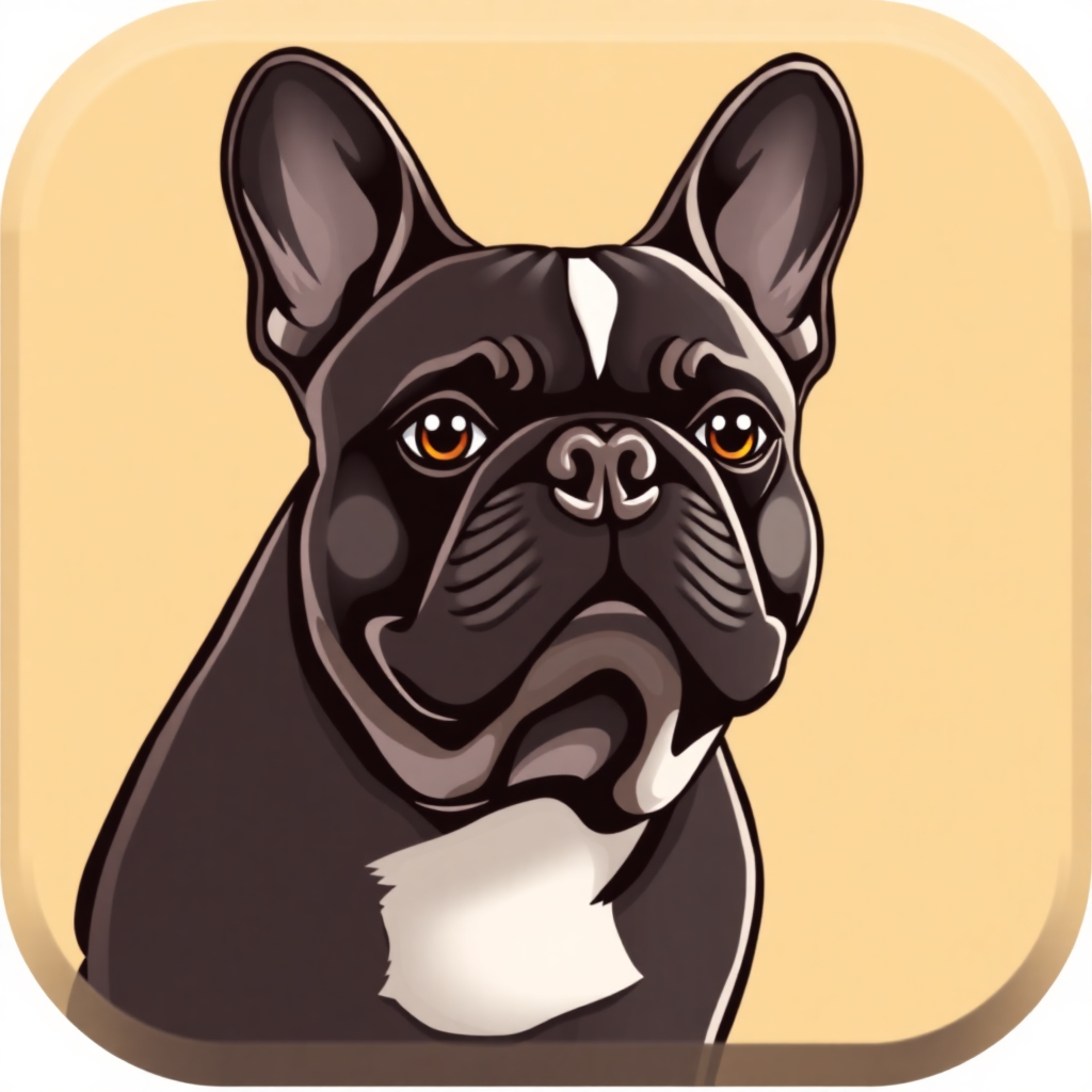 The image is a digital illustration of a French Bulldog. The dog is black with white markings on its face and chest. It has a round head with two large ears and a small nose. Its eyes are large and round, and its mouth is slightly open, as if it is looking directly at the viewer. The background is a light beige color, and the dog's fur is outlined in black. The overall style of the illustration is simple and cartoon-like.