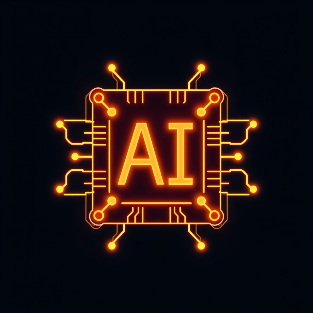 A simple, square microchip icon with internal, glowing circuit lines that distinctly form the letters 'AI' or a basic neural network structure.