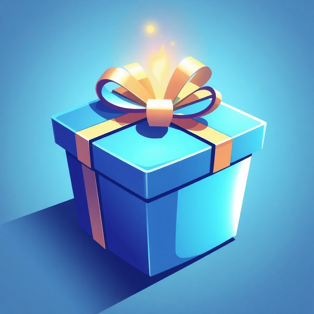 The image is a digital illustration of a blue gift box with a golden ribbon tied in a bow on top. The gift box is square in shape and has a shiny surface. The background is a solid blue color, and there is a small yellow light shining from the top of the gift box, creating a warm glow. The overall color scheme of the image is blue and gold, giving it a festive and celebratory feel.