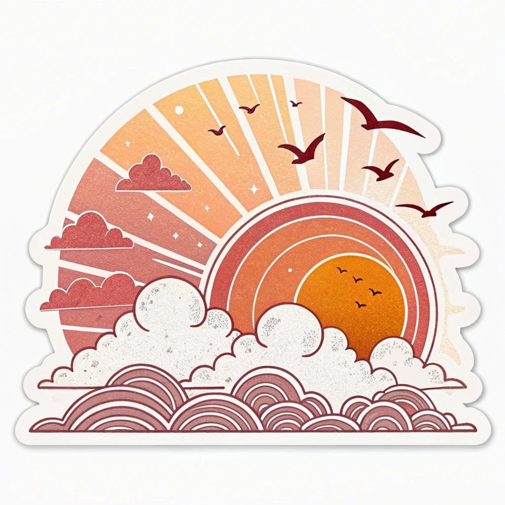 The image is a sticker with an illustration of a sunset. The background is white and the sun is in the center of the image. The sun is orange and yellow with rays of light radiating outwards. There are several birds flying around the sun, including seagulls. The clouds are white and fluffy, and they are scattered around the bottom of the sticker. The overall style of the illustration is cartoon-like and whimsical.