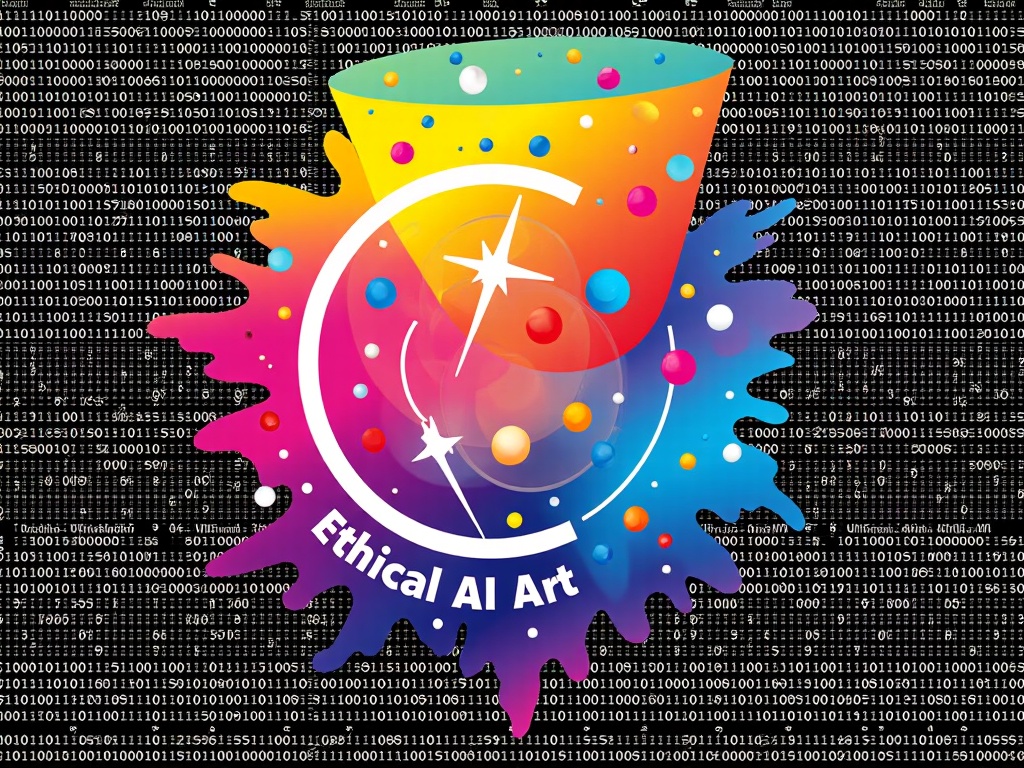 A design featuring a classic painting or art style being 'pixelated' or 'deconstructed' into binary code, with a prominent 'Ethical AI Art' stamp or badge, symbolizing the transformation and validation process.