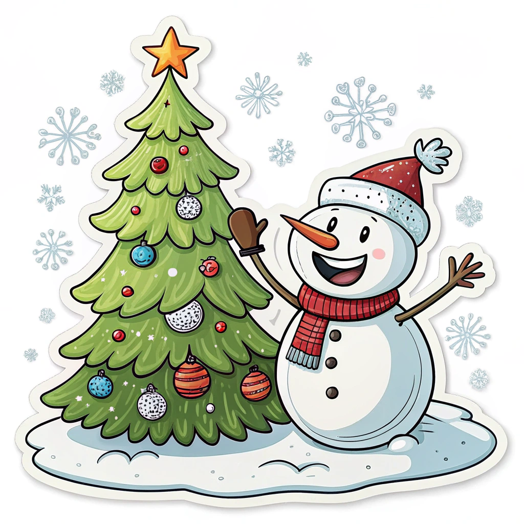 A cartoon-style Christmas tree sticker depicting a smiling snowman waving from beside the tree, with a flurry of snowflakes adding a dynamic touch.